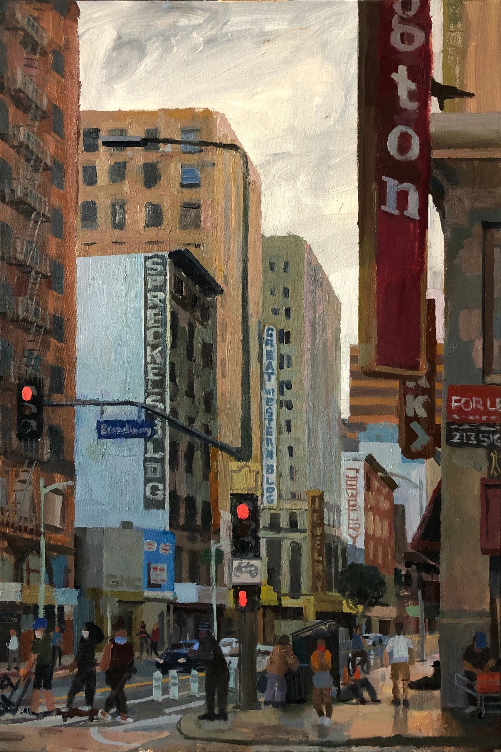 7th and Broadway, downtown Los Angeles, oil on canvas, 24 by 36 inches