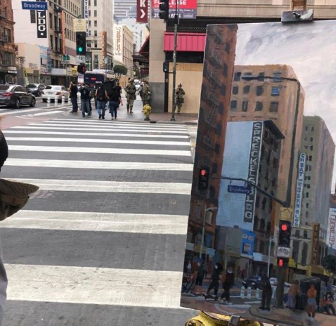 7th and Broadway, downtown Los Angeles, oil on canvas, 24 by 36 inches