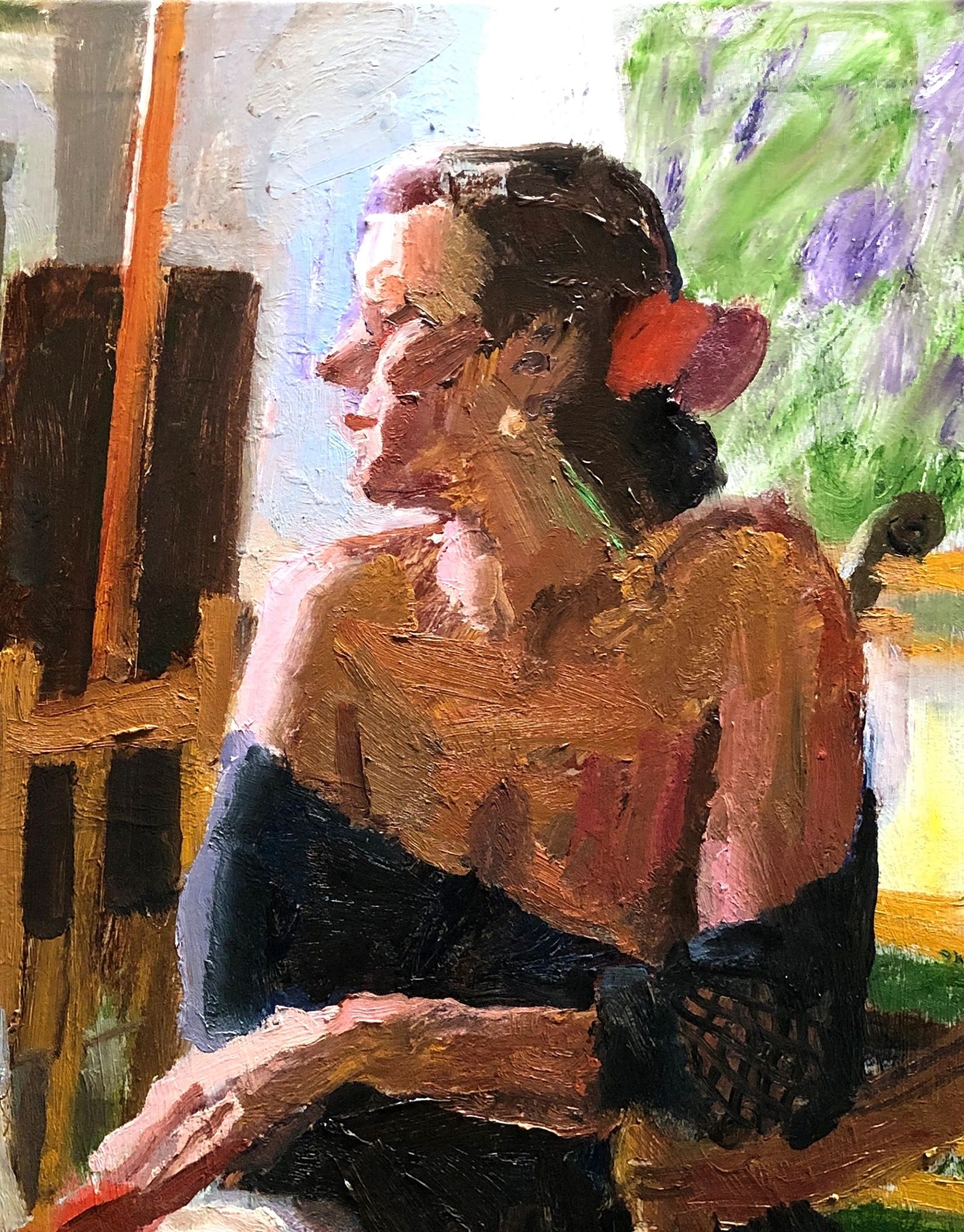 Artist and Model with Fan, oil on canvas, 36 by 24 inches