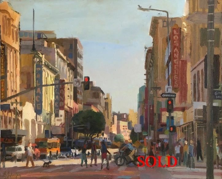 Broadway, downtown Los Angeles, oil on canvas, 16 by 20 inches