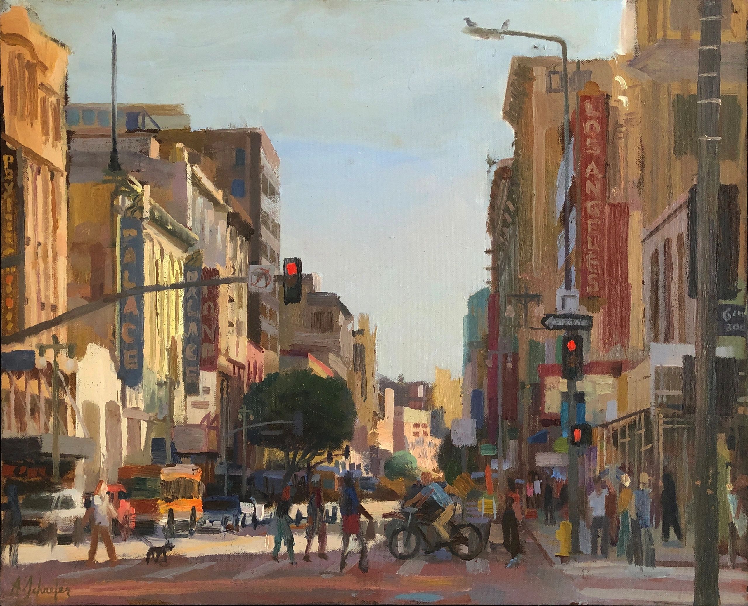 Broadway, downtown Los Angeles, oil on canvas, 16 by 20 inches