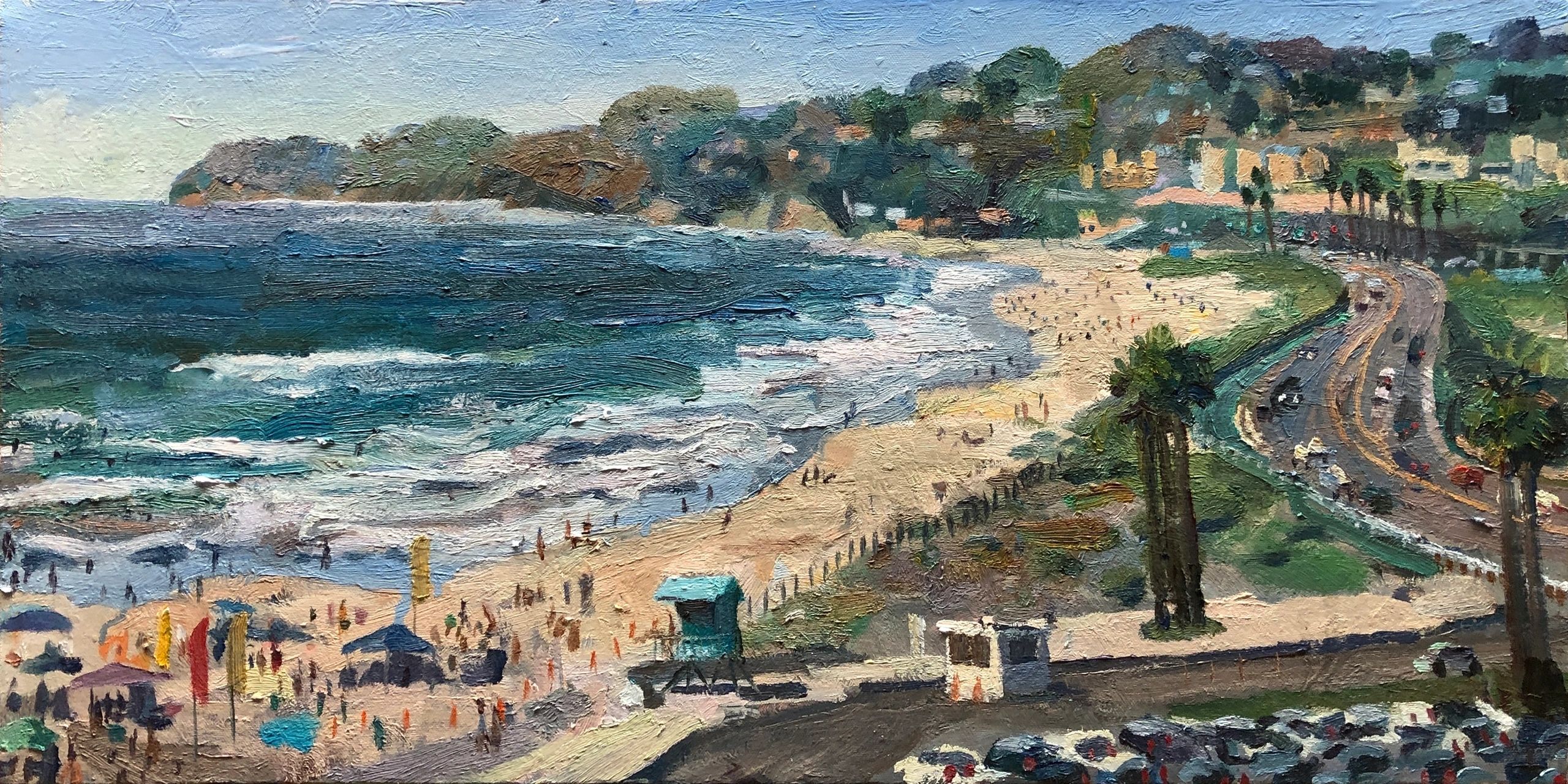 Cardiff Beach, oil on canvas, 15 by 30 inches