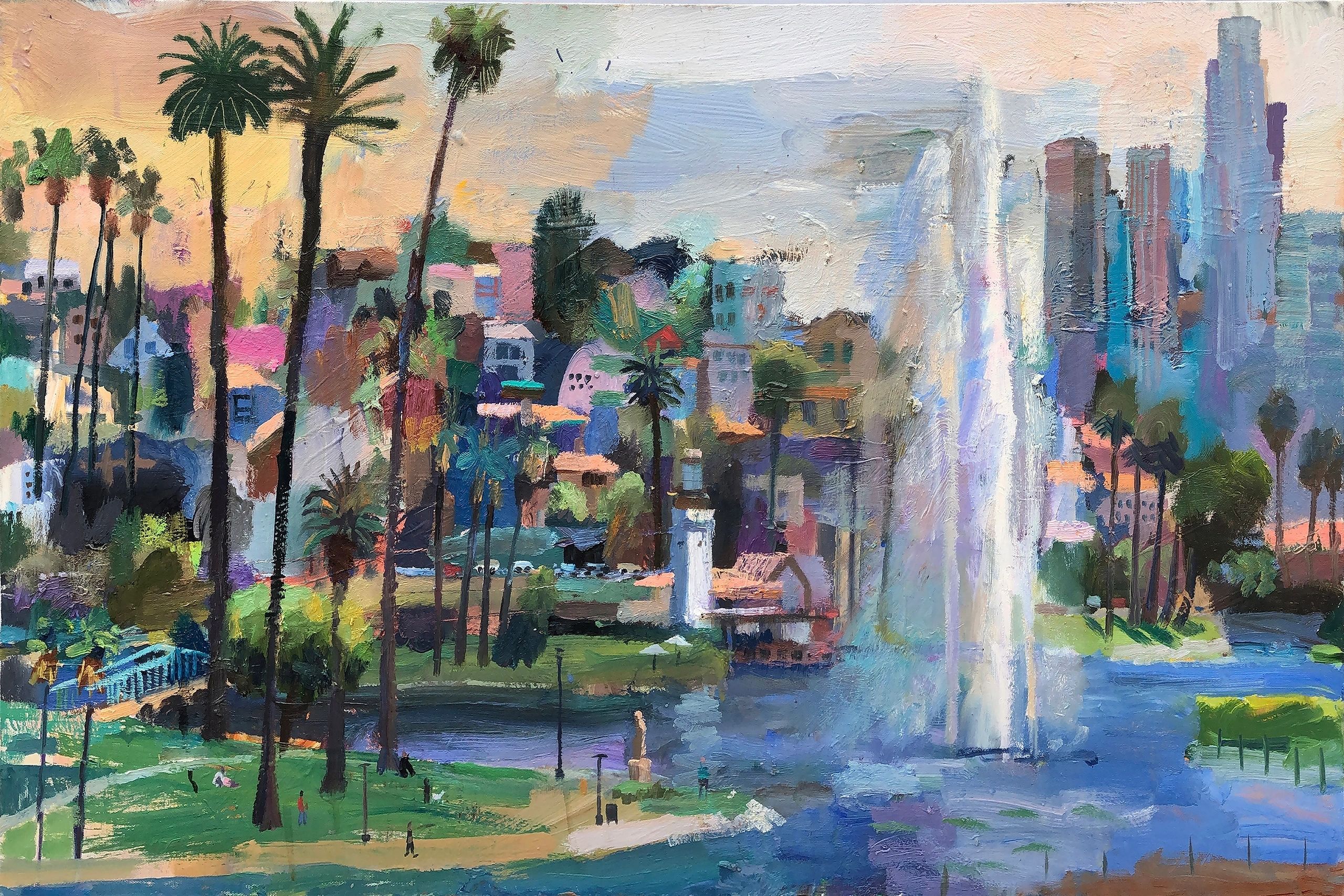 Echo Park, Los Angeles, oil on canvas 23 by 37 inches