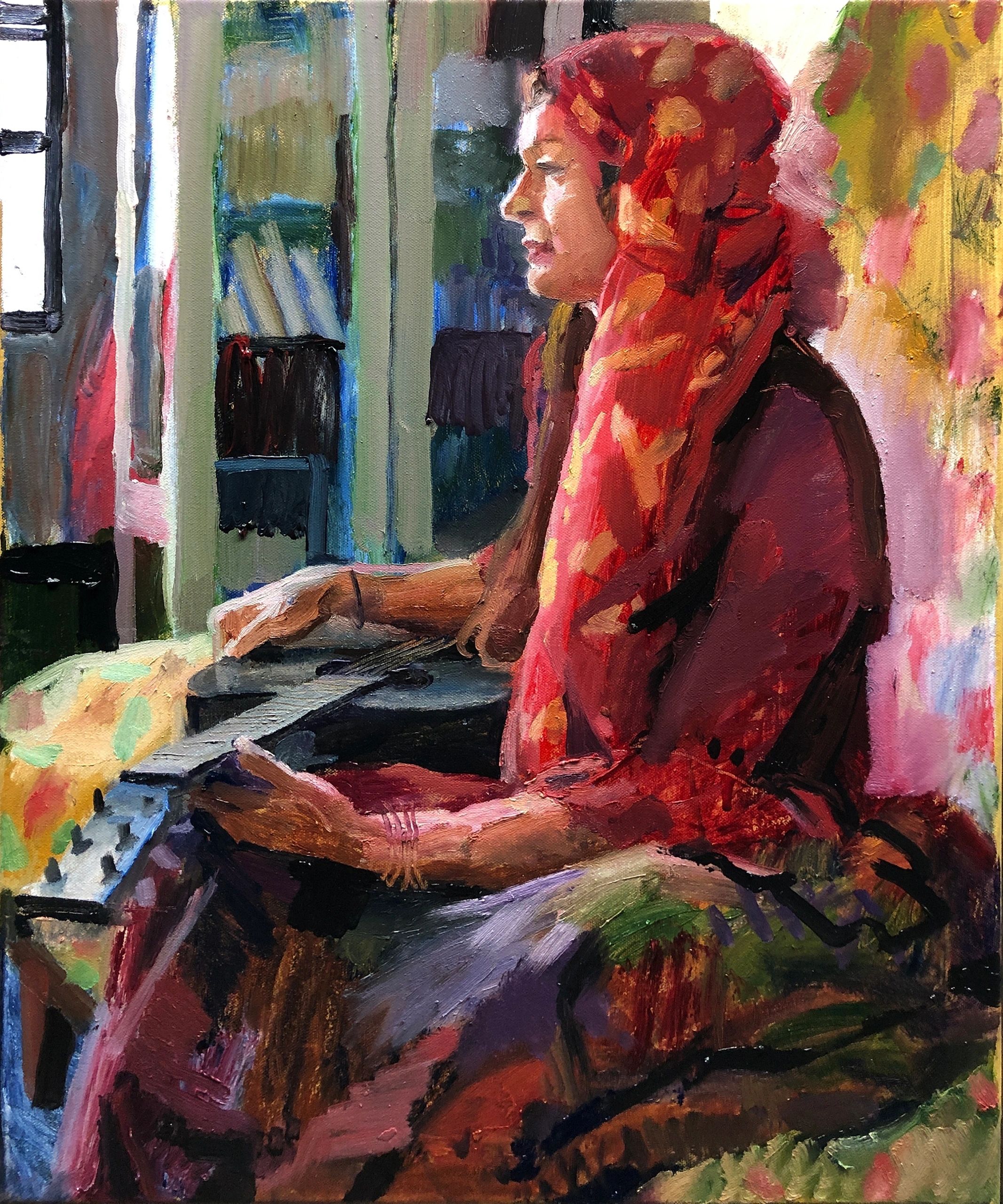 Olivia with Guitar, oil on canvas, 20 by 24 inches