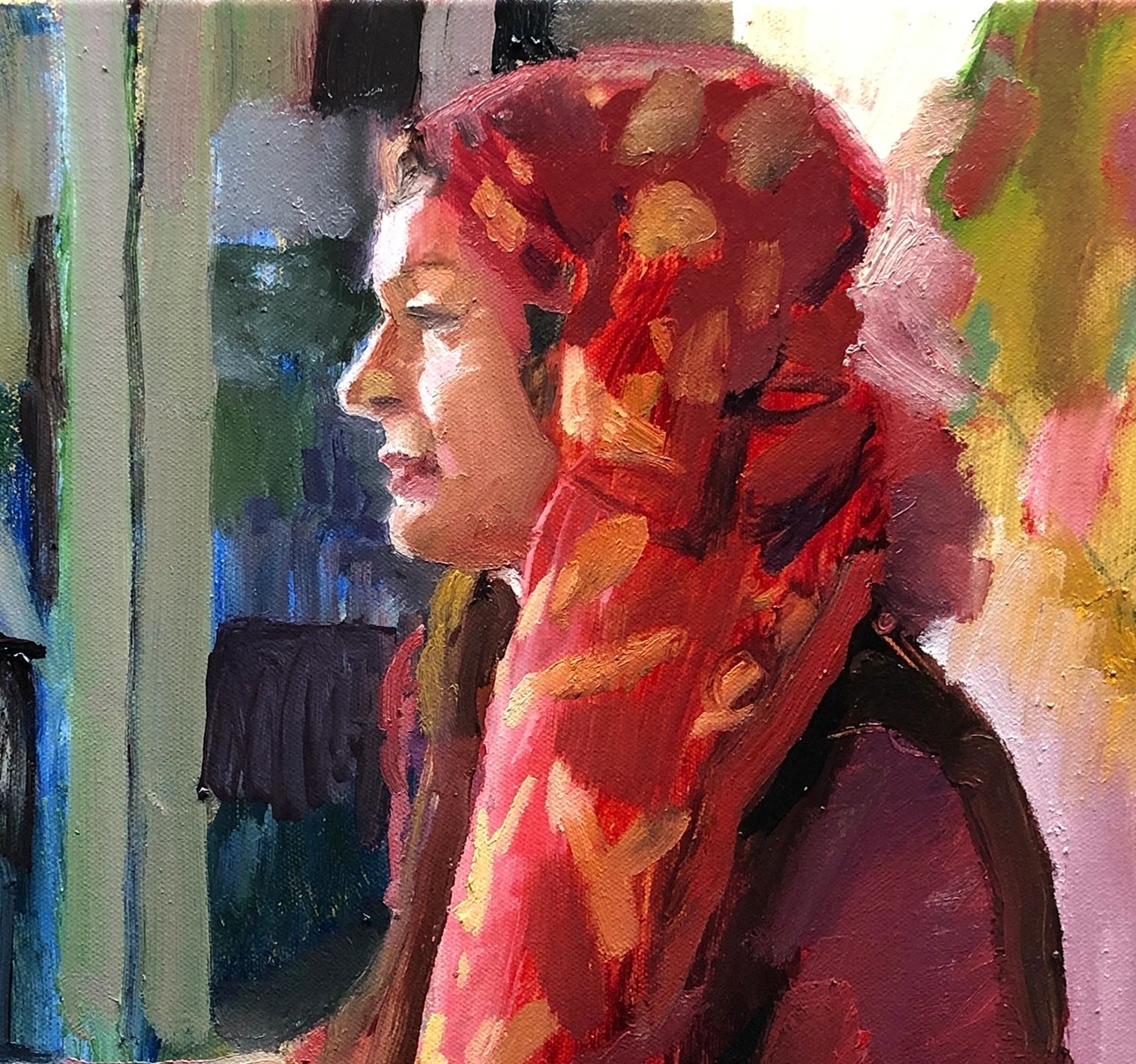 Olivia with Guitar, oil on canvas, 20 by 24 inches