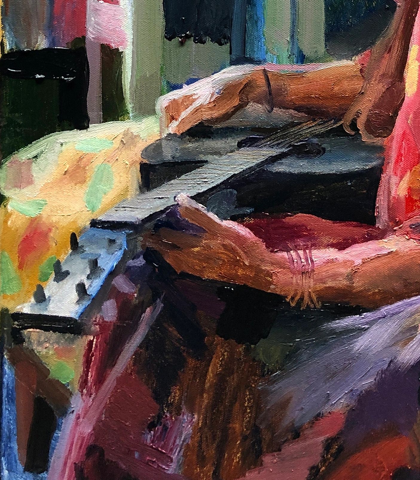 Olivia with Guitar, oil on canvas, 20 by 24 inches