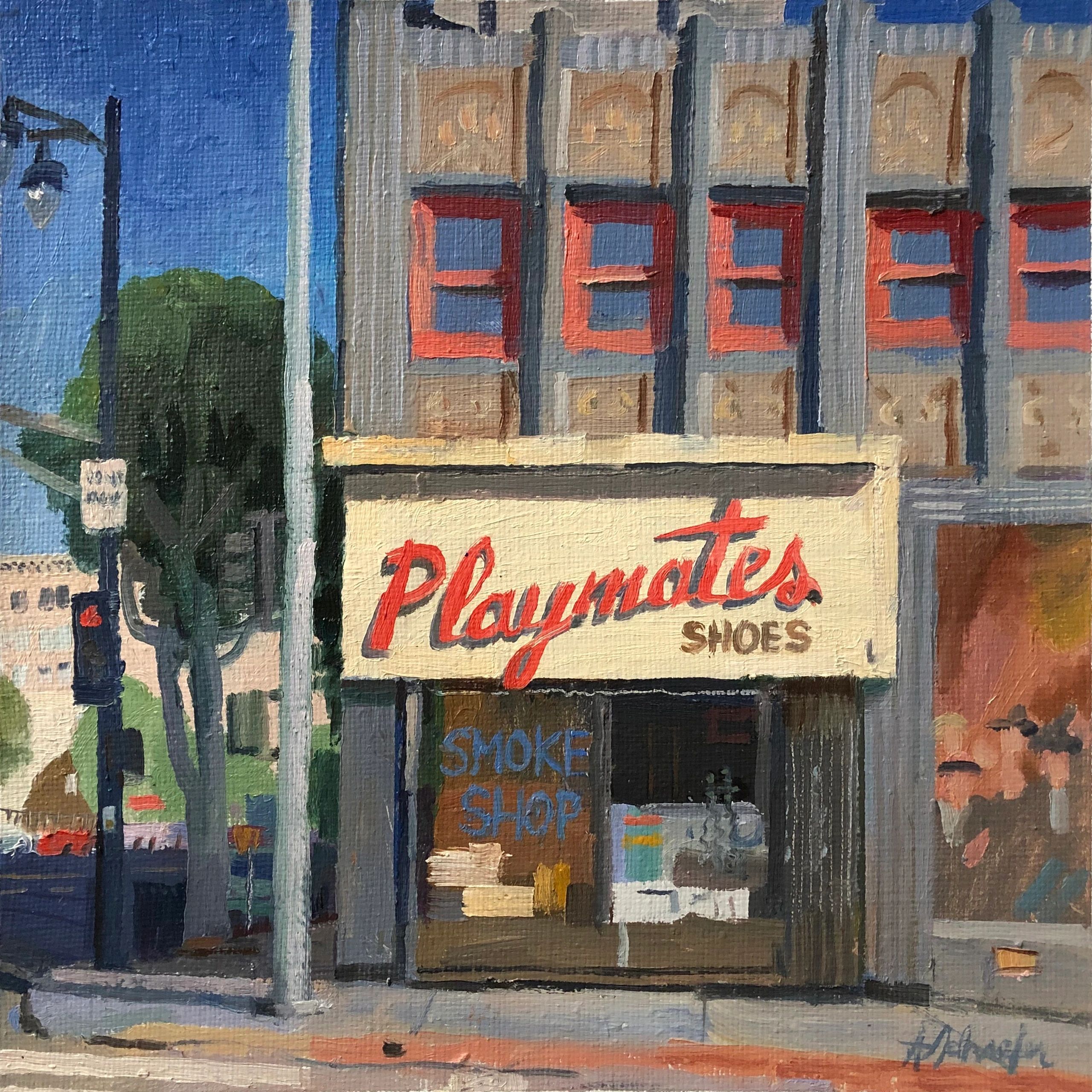 Playmates Shoes, Hollywood CA, oil on canvas, 12 by 12 inches