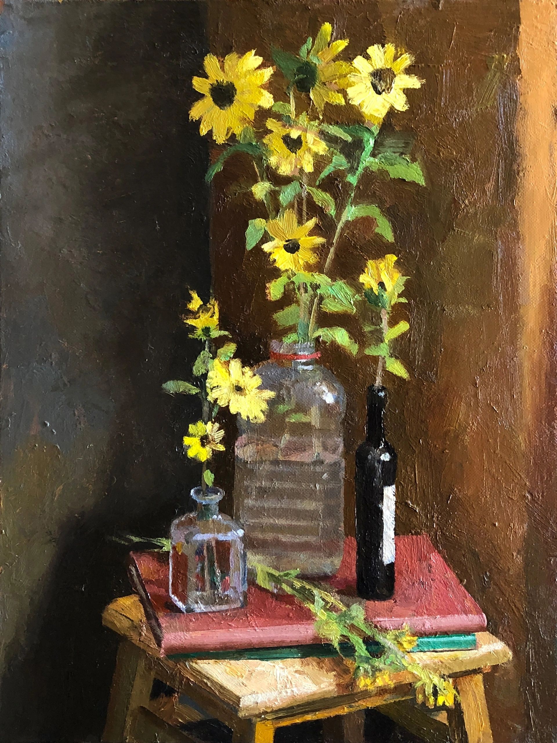 Still Life with Sunflowers, oil on canvas panel, 16 by 12 inches