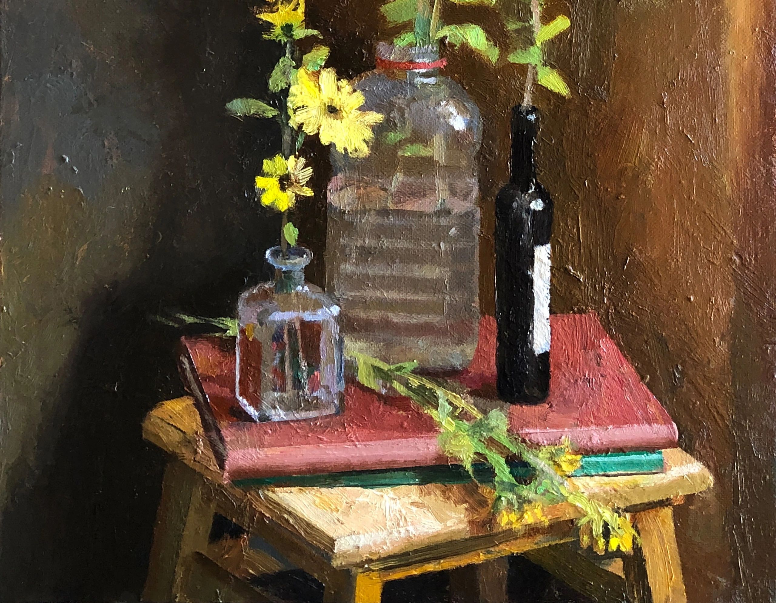 Still Life with Sunflowers, oil on canvas panel, 16 by 12 inches