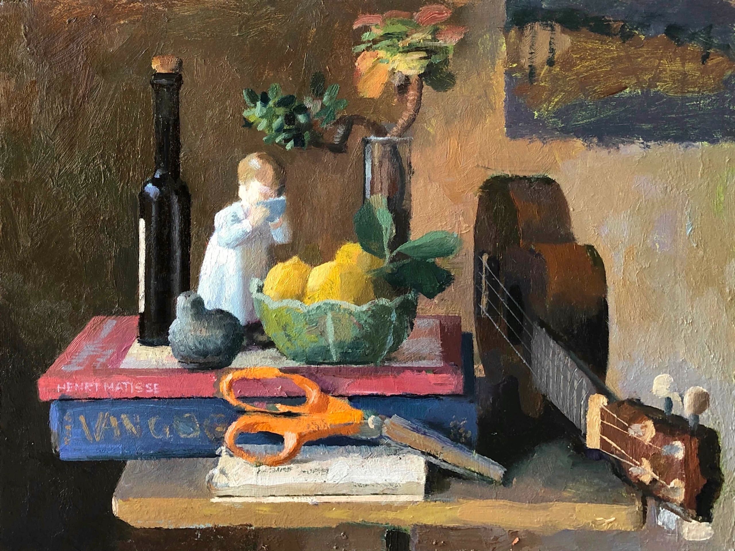 Still Life with Ukulele, oil on canvas panel, 12 by 16 inches