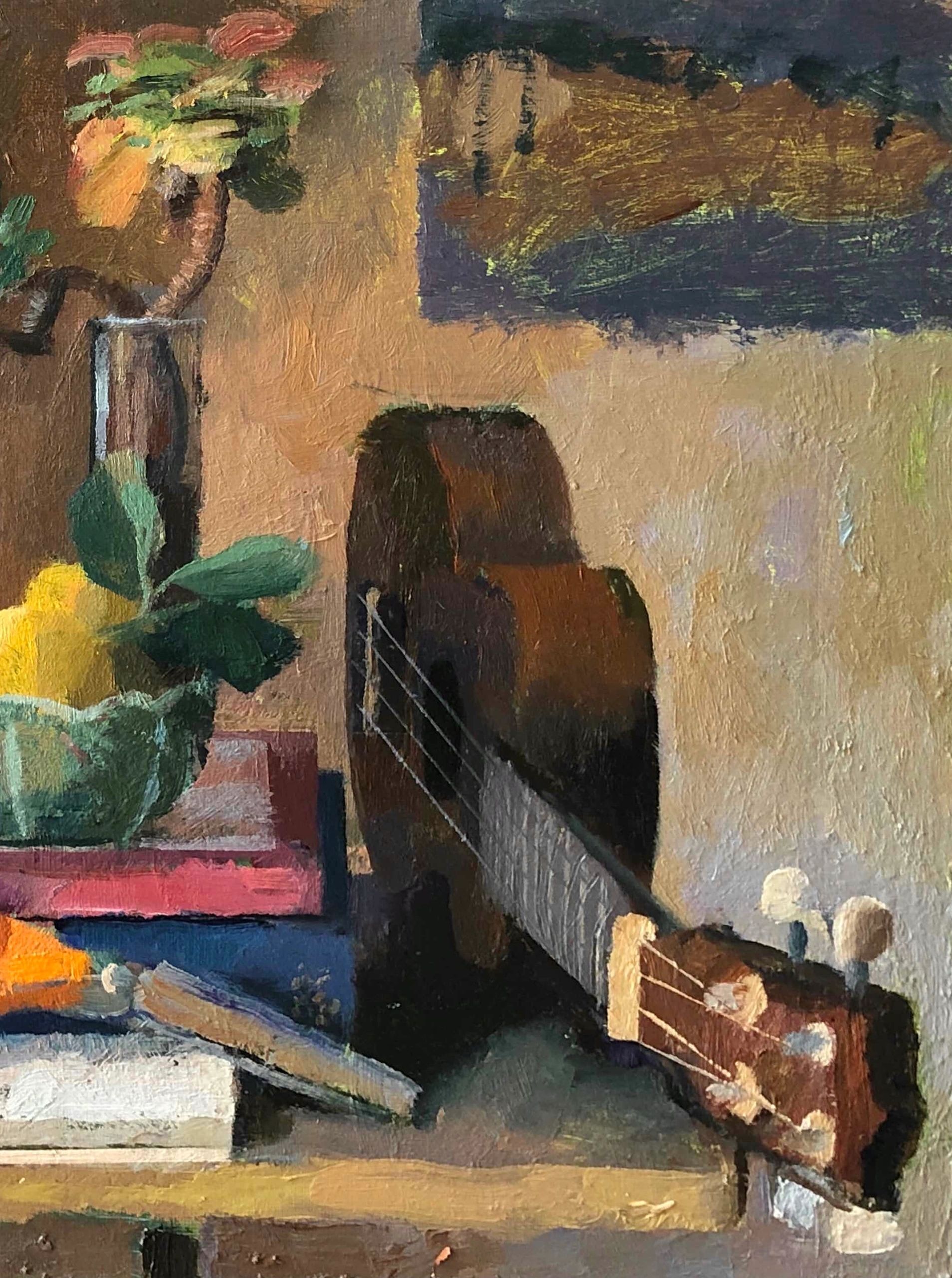 Still Life with Ukulele, oil on canvas panel, 12 by 16 inches