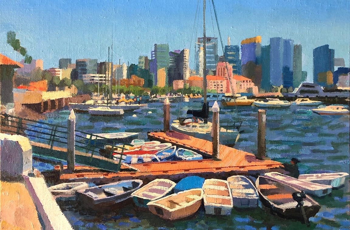 The Embarcadero, San Diego CA, oil on canvas, 26 by 32 inches